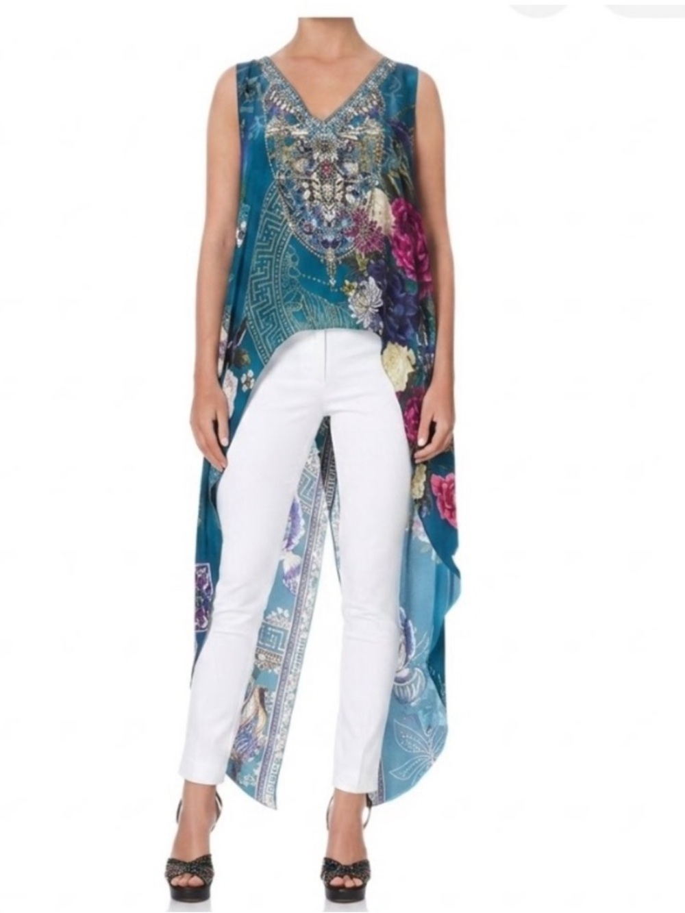 Camilla Silk Crystal Embellished High Low Boho Tunic Top XS NWT